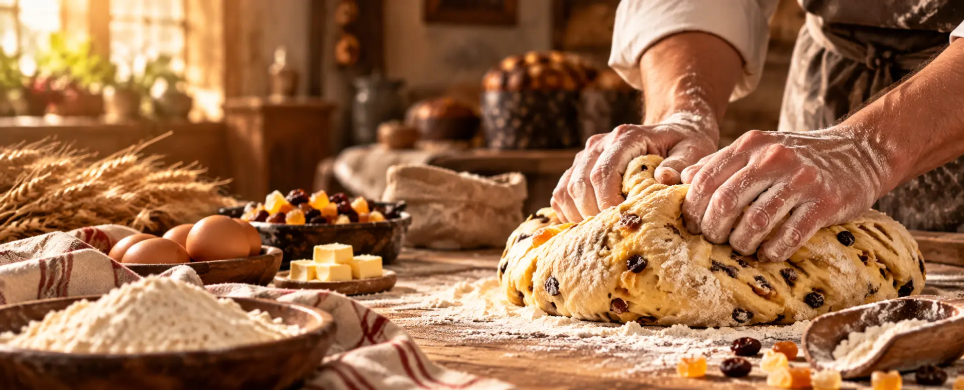 Mani al lavoro su un impasto nel laboratorio, tra farina e ingredienti