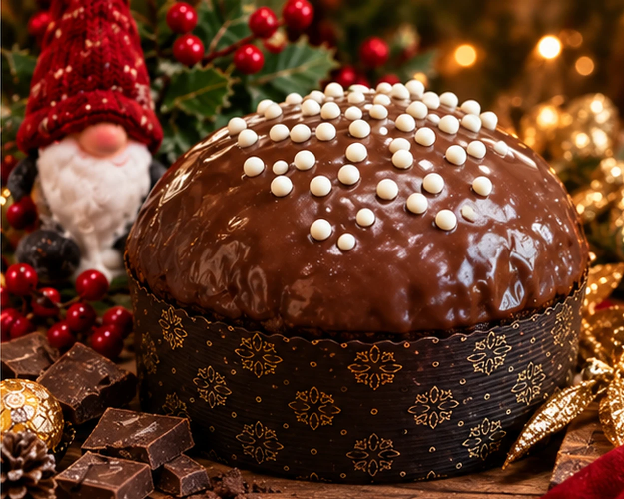 Panettone al Cioccolato del Borghetto delle Delizie con copertura al cioccolato e decorazioni chiare