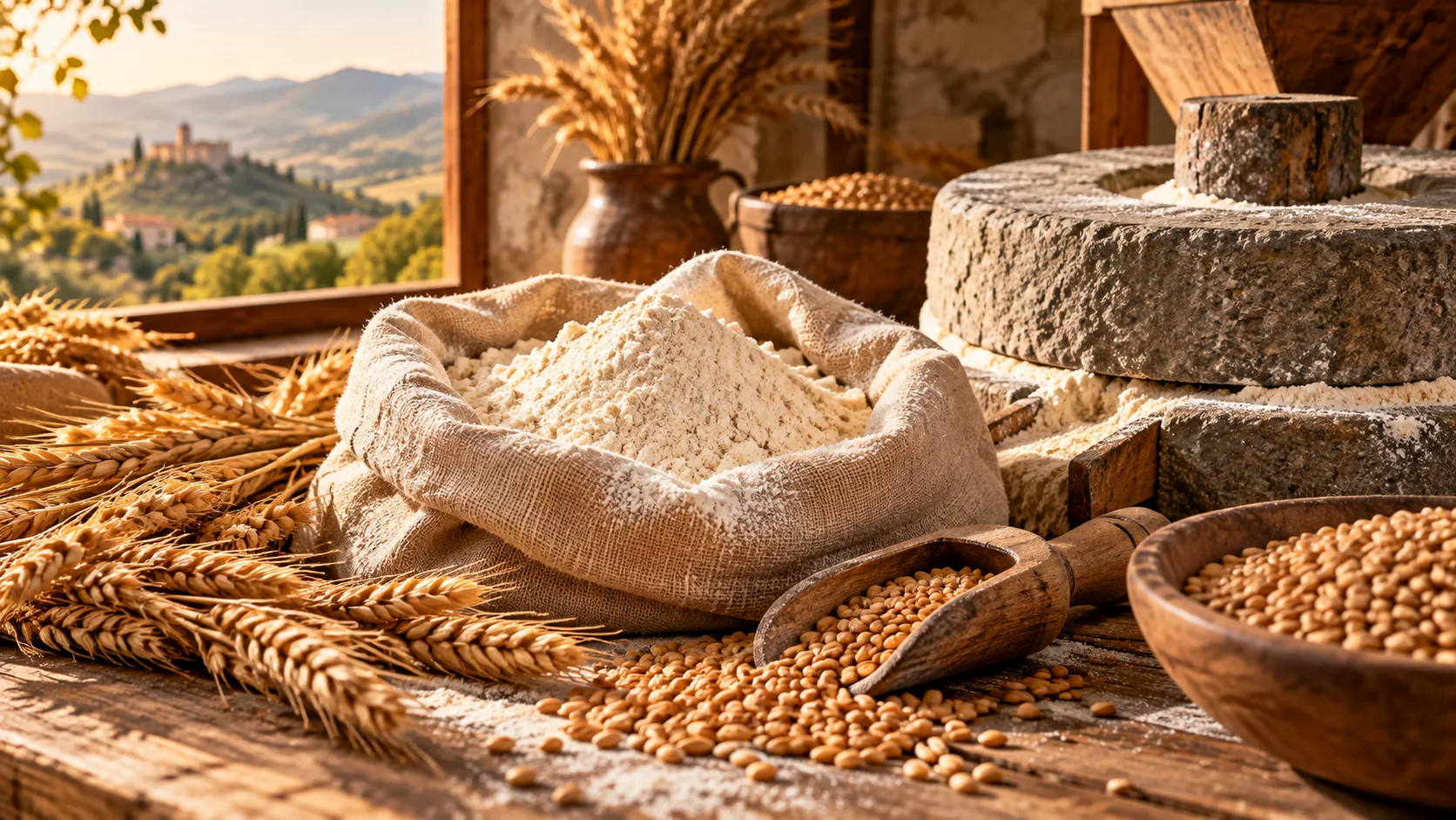 Farina, spighe di grano e macina in pietra, simboli della tradizione molitoria artigianale