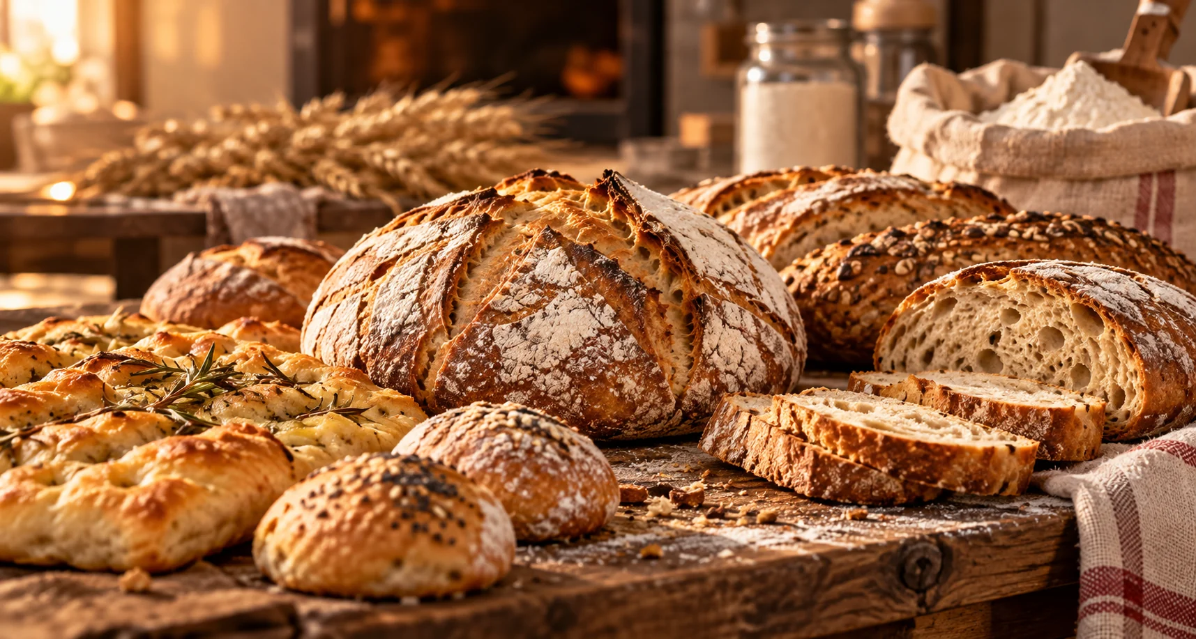 Pani artigianali, pagnotte e fette di pane sul banco del forno, tra farina e spighe