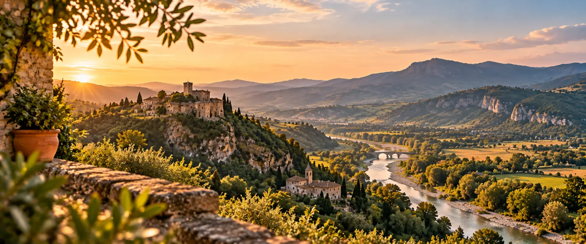 Colline, borghi e fiume della Valmarecchia al tramonto