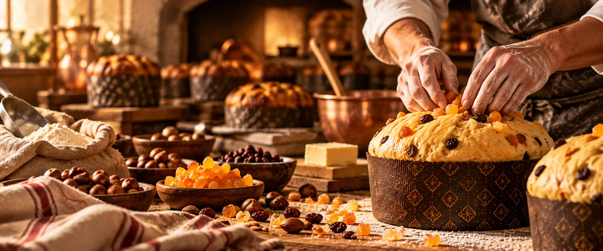 Panettone in lavorazione sul banco del laboratorio artigianale, tra impasti e ingredienti