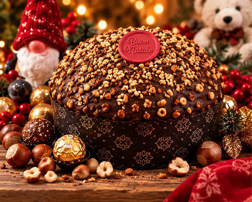Panettone Artigianale Farcito Rocher del Borghetto delle Delizie con copertura al cioccolato e granella di nocciole